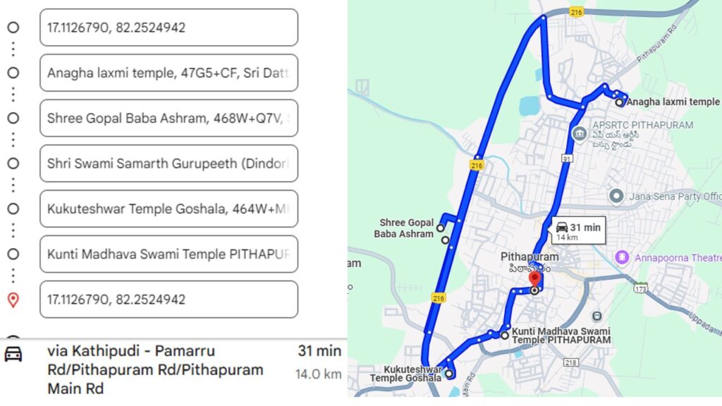 Temple Visits in Pithapuram google map