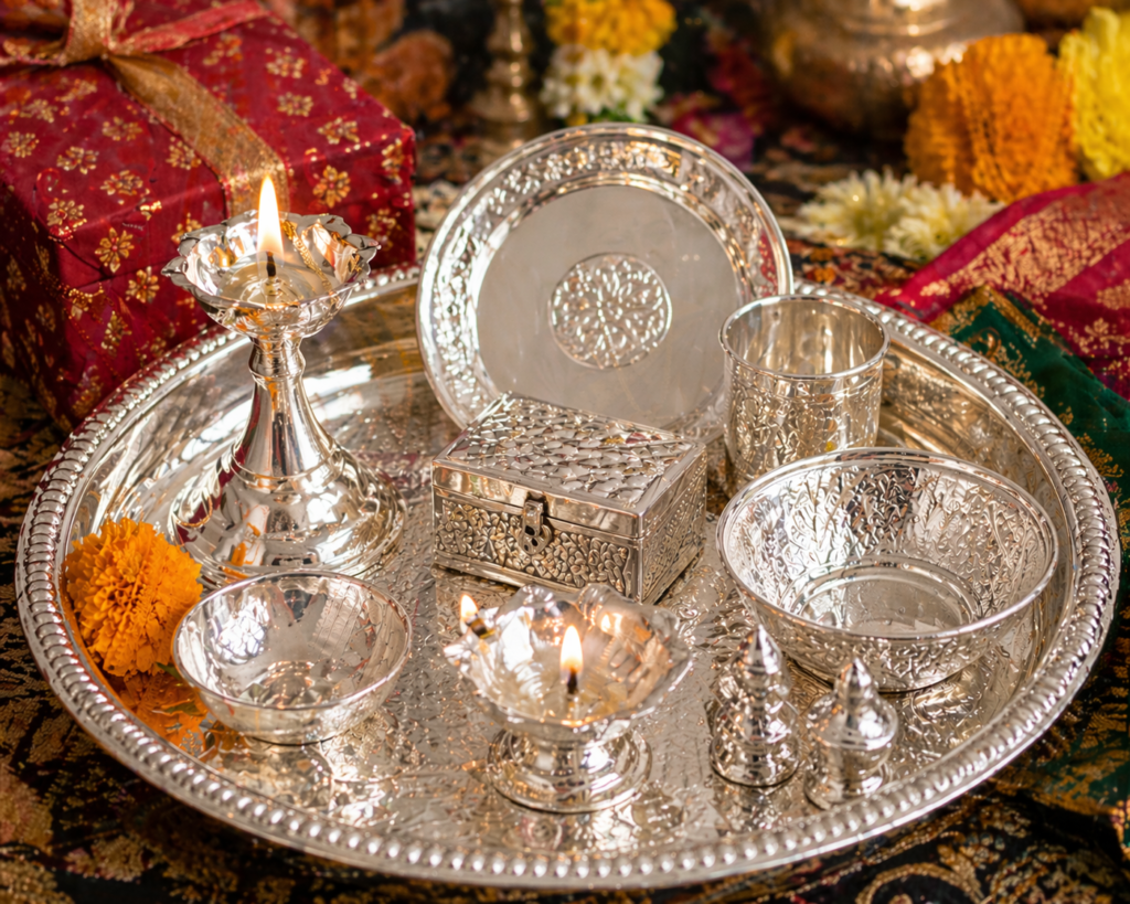 Silver gifts like lamps, plates, and bowls arranged in a ceremonial thali