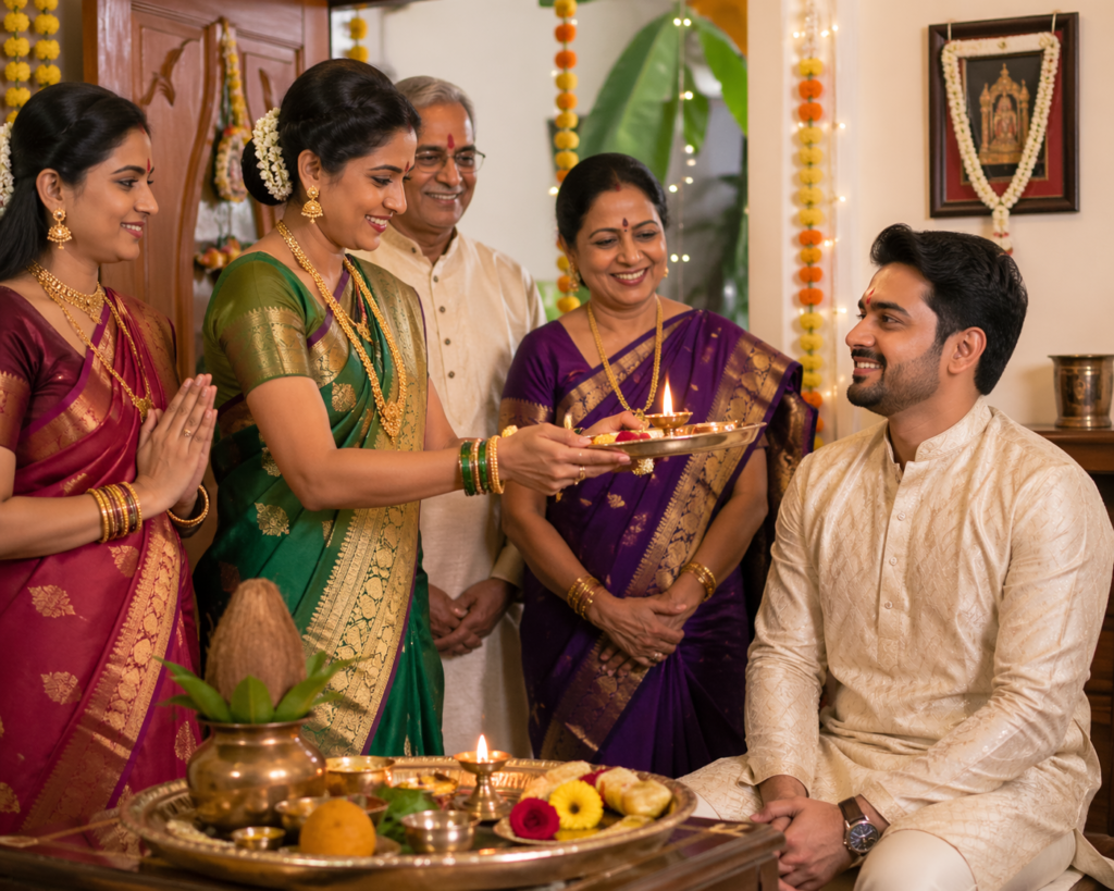 Traditional Maharashtrian family performing aarti for son-in-law with festive thali